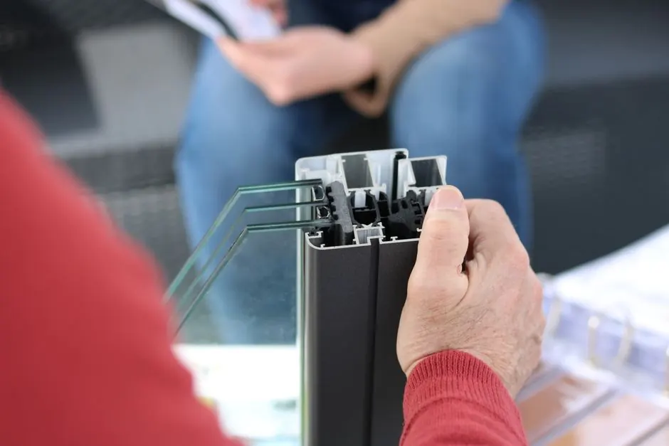 Close-up of hand holding an aluminum window frame sample, ideal for construction themes.